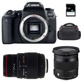 Canon 77D + Sigma 17-70 F2.8-4 DC Macro OS HSM Cont. + 70-300 f/4-5,6 APO DG MACRO + Bolsa + SD 4 Go - Cámara reflex