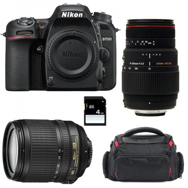 Nikon D7500 + AF-S DX 18-105 mm F3.5-5.6G ED VR + Sigma 70-300 mm F4-5,6 DG APO Macro + Sac + SD 4Go - Appareil photo Reflex