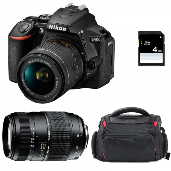 Nikon D5600 + AF-P DX 18-55 mm F3.5-5.6G VR + Tamron AF 70-300 mm F4-5,6 Di LD Macro 1/2 + Sac + SD 4Go - Appareil photo Reflex
