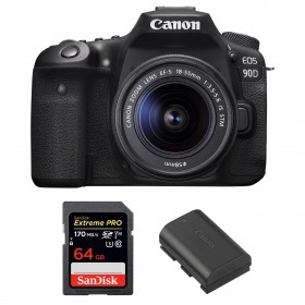 Canon 90D + 18-55mm F3.5-5.6 EF-S IS STM + SanDisk 64GB Extreme PRO UHS-I SDXC 170 MB/s + Canon LP-E6N - Appareil photo Reflex