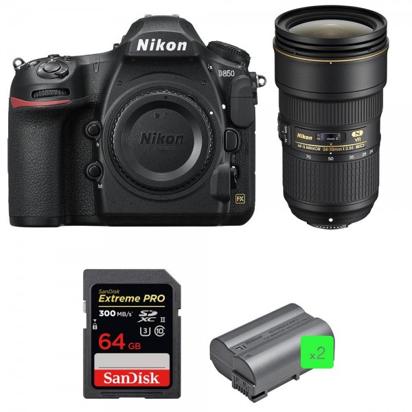 Nikon D850 + 24-70mm F2.8E ED VR + SanDisk 64GB Extreme PRO UHS-II SDXC 300MB/s + 2 EN-EL15b - Appareil photo Reflex