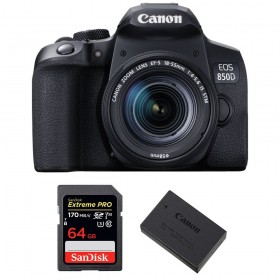 Canon 850D + EF-S 18-55mm F4-5.6 IS STM + SanDisk 64GB Extreme UHS-I SDXC 170 MB/s + Canon LP-E17 - Appareil photo Reflex
