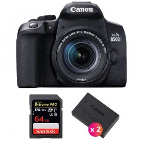 Canon 850D + EF-S 18-55mm F4-5.6 IS STM + SanDisk 64GB Extreme UHS-I SDXC 170 MB/s + 2 Canon LP-E17 - Appareil photo Reflex