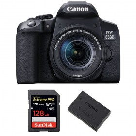 Canon 850D + EF-S 18-55mm F4-5.6 IS STM + SanDisk 128GB Extreme UHS-I SDXC 170 MB/s + Canon LP-E17 - Appareil photo Reflex