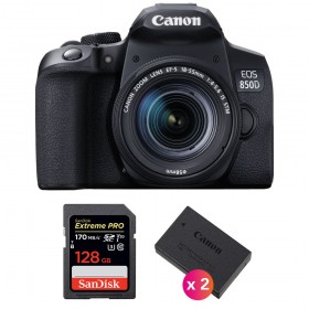 Canon 850D + EF-S 18-55mm F4-5.6 IS STM + SanDisk 128GB Extreme UHS-I SDXC 170 MB/s + 2 Canon LP-E17 - Appareil photo Reflex