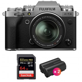 Appareil photo hybride Fujifilm XT4 Silver + XF 18-55mm F2.8-4 R LM OIS + SanDisk 64GB UHS-I SDXC 170 MB/s + 2 Fujifilm NP-W235