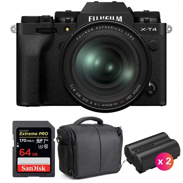 Fujifilm XT4 Noir + XF 16-80mm F4 R OIS WR + SanDisk 64GB UHS-I SDXC 170 MB/s + 2 NP-W235 + Sac - Appareil Photo Hybride