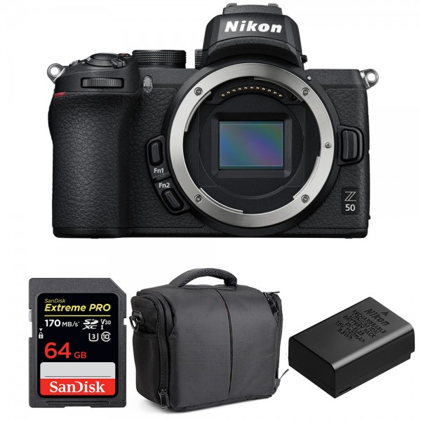 Nikon Z50 Nu + SanDisk 64GB Extreme Pro UHS-I SDXC 170 MB/s + Nikon EN-EL25 + Sac - Appareil Photo Hybride