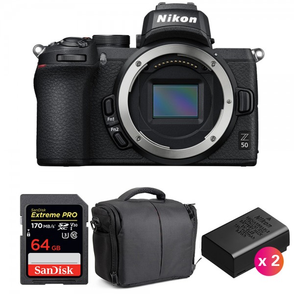 Nikon Z50 Nu + SanDisk 64GB Extreme Pro UHS-I SDXC 170 MB/s + 2 Nikon EN-EL25 + Sac - Appareil Photo Hybride