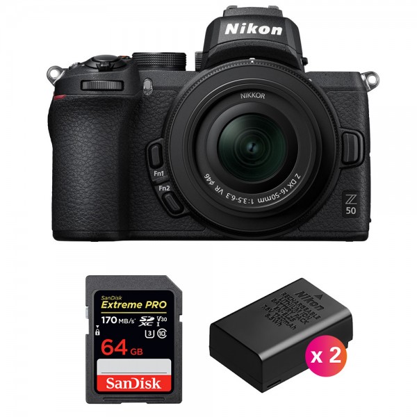 Nikon Z50 + 16-50mm f/3.5-6.3 VR + SanDisk 64GB Extreme Pro UHS-I SDXC 170 MB/s + 2 Nikon EN-EL25 - Cámara mirrorless