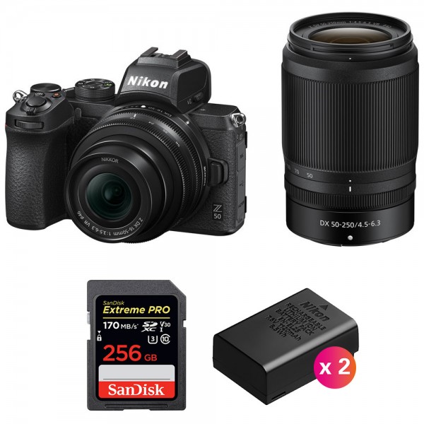 Nikon Z50 + 16-50mm + 50-250mm + SanDisk 256GB Extreme Pro UHS-I SDXC 170 MB/s + 2 Nikon EN-EL25 + Sac