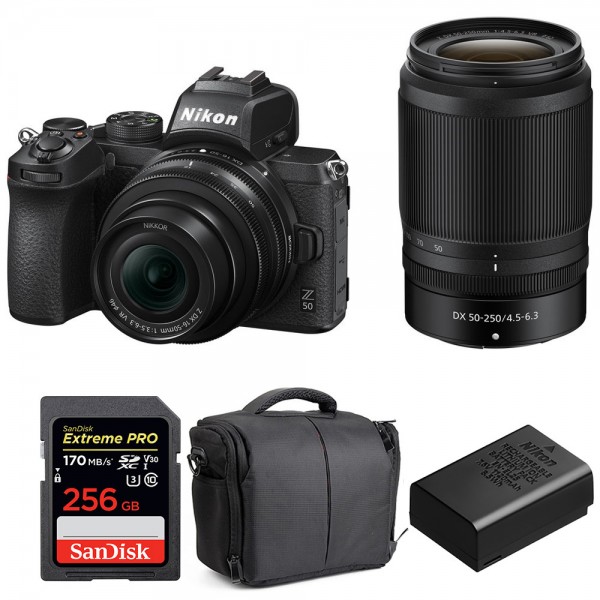 Nikon Z50 + 16-50mm + 50-250mm + SanDisk 256GB Extreme Pro UHS-I SDXC 170 MB/s + Nikon EN-EL25 + Bolsa - Cámara mirrorless