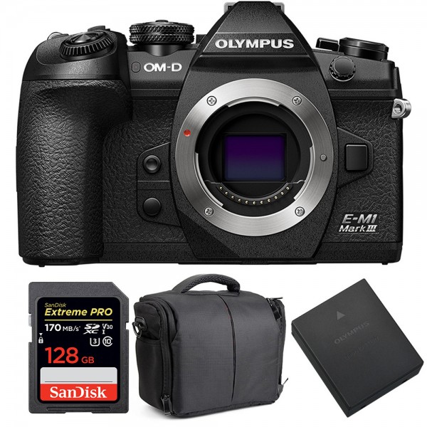 Olympus OMD E-M1 III Nu + SanDisk 128GB Extreme Pro UHS-I SDXC 170 MB/s + Olympus BLH-1 + Sac - Appareil Photo Hybride