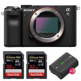 Sony A7C Nu Noir + 2 SanDisk 32GB Extreme PRO UHS-II SDXC 300 MB/s + 2 Sony NP-FZ100 - Appareil Photo Hybride