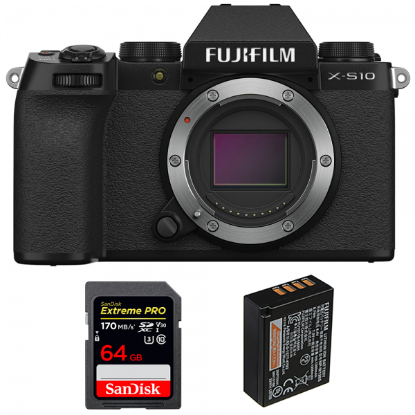 Fujifilm X-S10 ( XS10 ) Nu + SanDisk 64GB Extreme Pro UHS-I SDXC 170 MB/s + Fujifilm NP-W126S - Appareil Photo Hybride