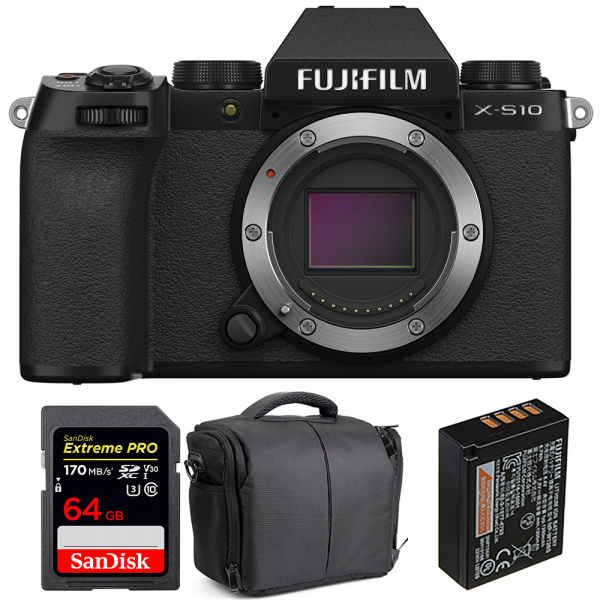 Fujifilm X-S10 ( XS10 ) Nu + SanDisk 64GB Extreme Pro UHS-I SDXC 170 MB/s + Fujifilm NP-W126S + Sac - Appareil Photo Hybride