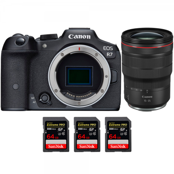 Canon EOS R7 + RF 15-35mm F2.8 L IS USM + 3 SanDisk 64GB Extreme PRO UHS-II SDXC 300 MB/s - Appareil Photo Hybride