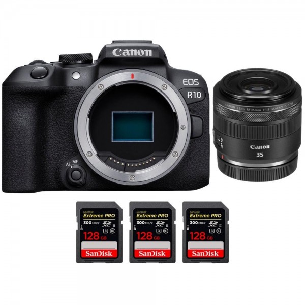 Canon EOS R10 + RF 35mm F1.8 IS Macro STM + 3 SanDisk 128GB Extreme PRO UHS-II SDXC 300 MB/s - Appareil Photo Hybride APS-C