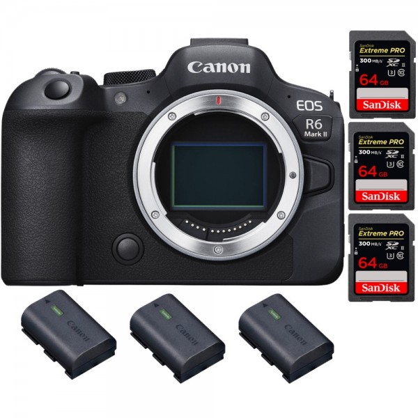Canon EOS R6 Mark II + 3 SanDisk 64GB Extreme PRO UHS-II 300 MB/s + 3 Canon LP-E6NH - Appareil hybride Plein Format
